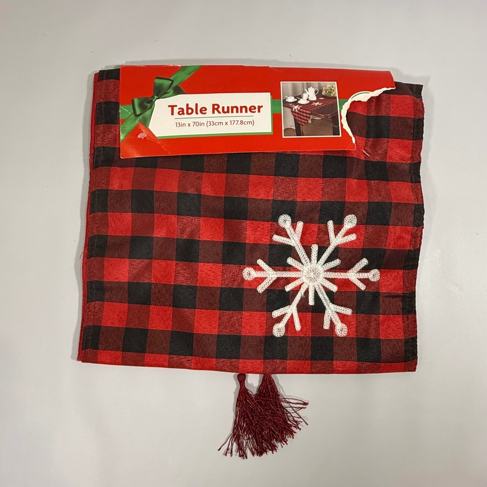 NEW Midwood Brand Table Runner Red Black Buffalo Plaid Snowflake 13x70 Christmas